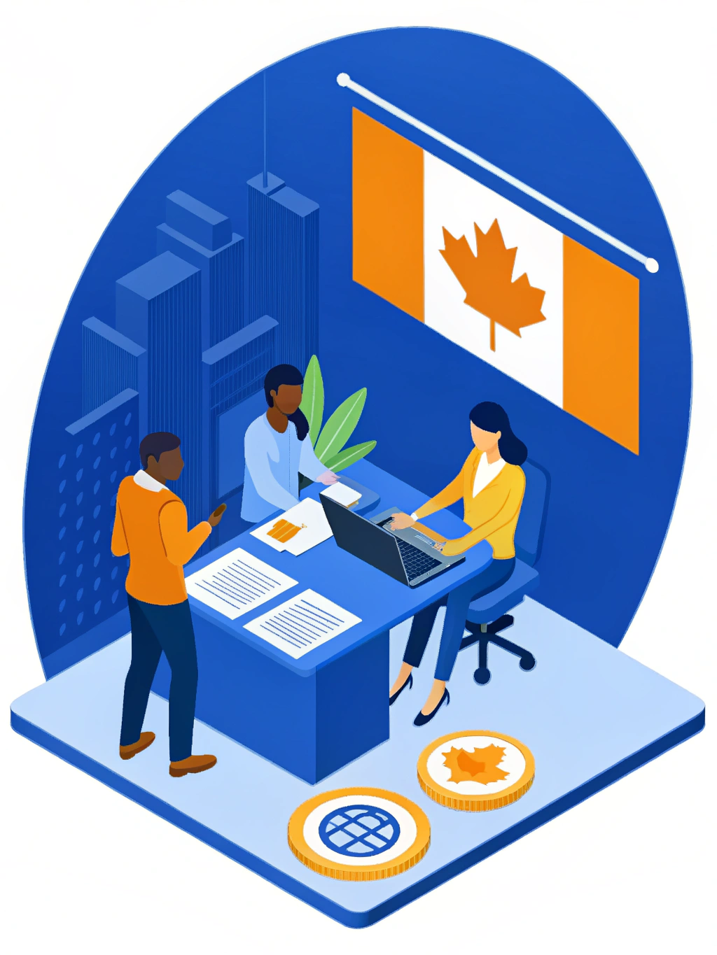 Illustration of professional translators working on certified documents in multiple languages, featuring a laptop with translation software, language flags, and a certification stamp, symbolizing accuracy, speed, and reliability at a Calgary translation agency.